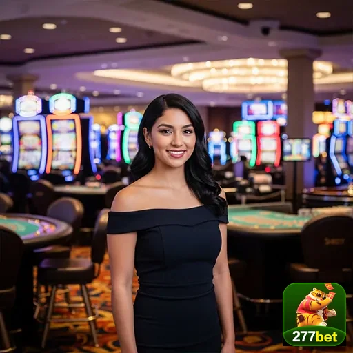 Mulher em cassino com mesas e slot machines da 277bet.