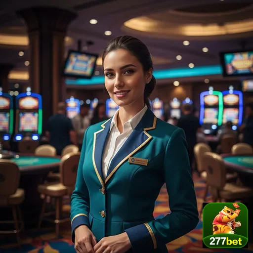 Atendente animada em cassino da 277bet, destacando bônus VIP.