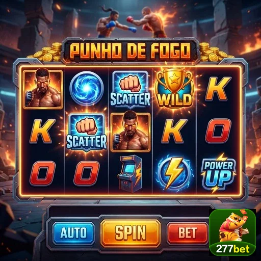 Interface do slot 'Punho de Fogo' na 277bet, destacando símbolos como Wild.