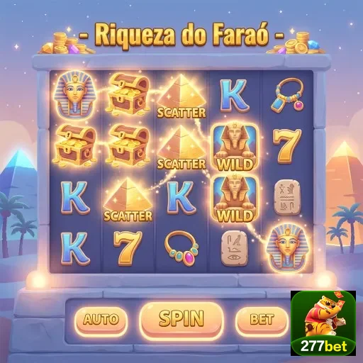 Interface do slot 'Riqueza do Faraó' no 277bet, destacando ganhos.