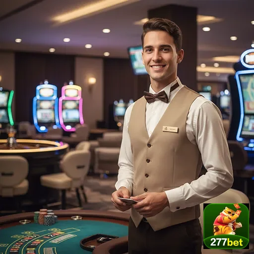 Atendente sorridente da 277bet em cassino com máquinas de jogo.