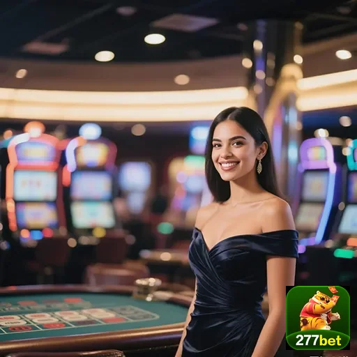Jogadora sorridente em mesa de cassino da 277bet.